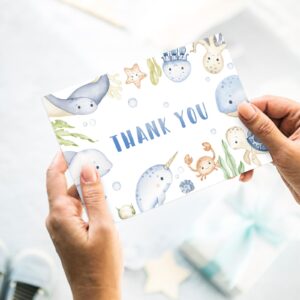 Whaline 24Pcs Under the Sea Thank You Cards Watercolor Marine Animals Theme Greeting Cards with Envelope Stickers Cartoon Blank Note Cards for Birthday Wedding Baby Shower, 4 x 6 Inch