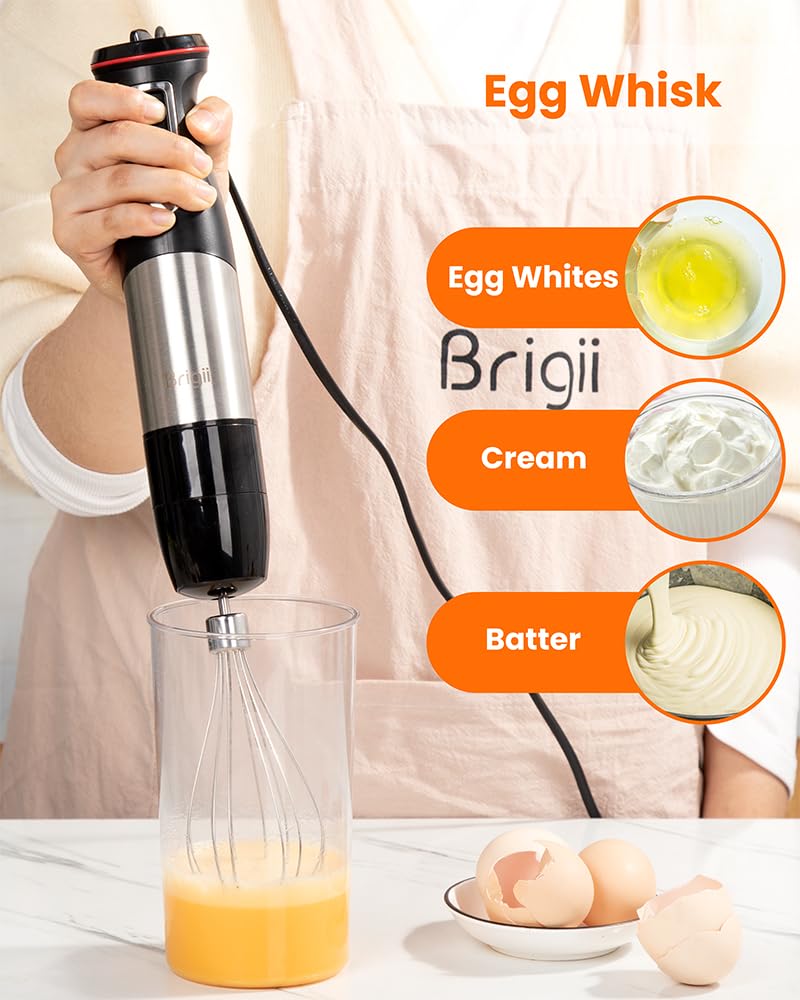 Brigii 800W Hand Blender, Immersion Hand Blender with 5 Mixing Speed, Handheld Blender Set including Blending Shaft, Food Chopper, Egg Whisk, Milk Frother, and Mixing Cup-Black