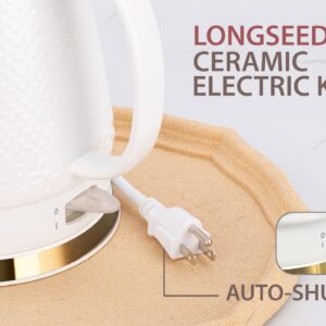 LONGSEED Ceramic Electric Kettle with Fine Mesh Infuser, 1.2L/1000W Boil Water Quickly and Easily with Boil-Dry Protection Auto Shut Off, Detachable Swivel Base, Glazed Relief Carving