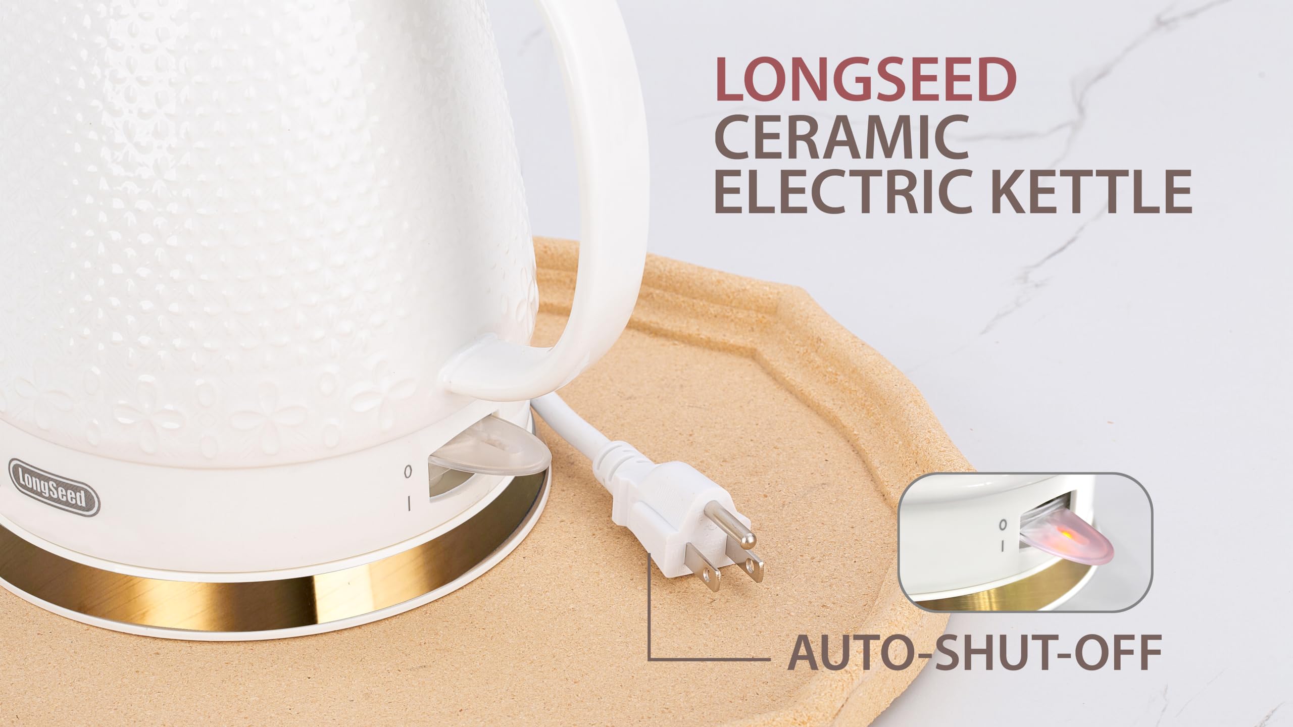 LONGSEED Ceramic Electric Kettle with Fine Mesh Infuser, 1.2L/1000W Boil Water Quickly and Easily with Boil-Dry Protection Auto Shut Off, Detachable Swivel Base, Glazed Relief Carving