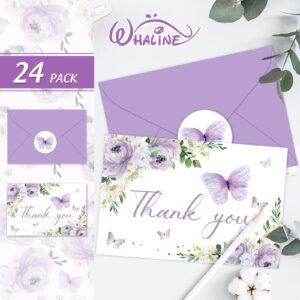 Whaline 24Pcs Floral Butterfly Thank You Cards Purple Flower Greeting Cards with Envelope Stickers Spring Watercolor Blank Note Cards for Birthday Wedding Baby Shower Bridal Shower, 4 x 6 Inch