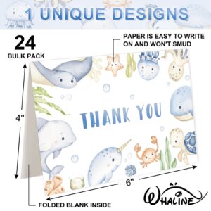 Whaline 24Pcs Under the Sea Thank You Cards Watercolor Marine Animals Theme Greeting Cards with Envelope Stickers Cartoon Blank Note Cards for Birthday Wedding Baby Shower, 4 x 6 Inch