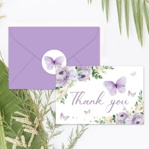 Whaline 24Pcs Floral Butterfly Thank You Cards Purple Flower Greeting Cards with Envelope Stickers Spring Watercolor Blank Note Cards for Birthday Wedding Baby Shower Bridal Shower, 4 x 6 Inch