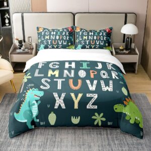 alphabet kids abc learning 100% cotton duvet cover full size, cartoon dino comforter cover kids educational nursery art bedding set for boys girls jungle dino bedspread cover 3pcs with 2 pillow case