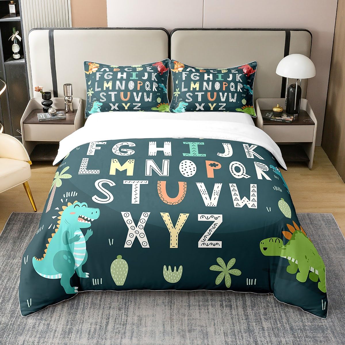 Alphabet Kids ABC Learning 100% Cotton Duvet Cover Full Size, Cartoon Dino Comforter Cover Kids Educational Nursery Art Bedding Set for Boys Girls Jungle Dino Bedspread Cover 3Pcs with 2 Pillow Case