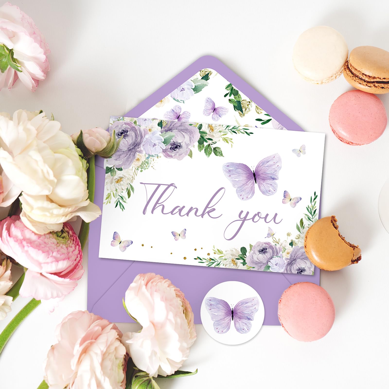 Whaline 24Pcs Floral Butterfly Thank You Cards Purple Flower Greeting Cards with Envelope Stickers Spring Watercolor Blank Note Cards for Birthday Wedding Baby Shower Bridal Shower, 4 x 6 Inch