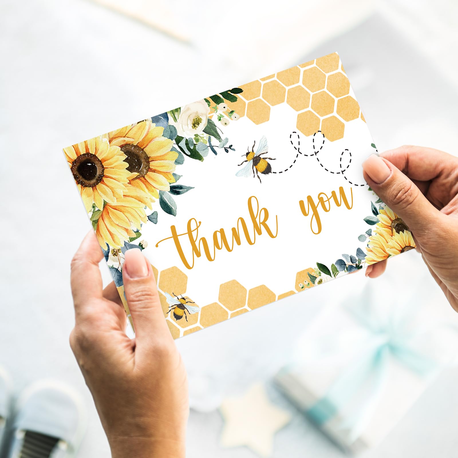 Whaline 24Pcs Sunflower Bee Thank You Cards Bulk Watercolor Summer Flower Greeting Cards with Envelope Stickers Blank Note Cards for Wedding Baby Shower Bridal Birthday Party, 4 x 6 Inch