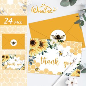 Whaline 24Pcs Sunflower Bee Thank You Cards Bulk Watercolor Summer Flower Greeting Cards with Envelope Stickers Blank Note Cards for Wedding Baby Shower Bridal Birthday Party, 4 x 6 Inch