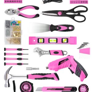 143 Pcs Pink Homeowner Tool Set with 3.6V Cordless Screwdriver General Household Hand Tool Kit with Plastic Tool box Storage Case for Women,Men