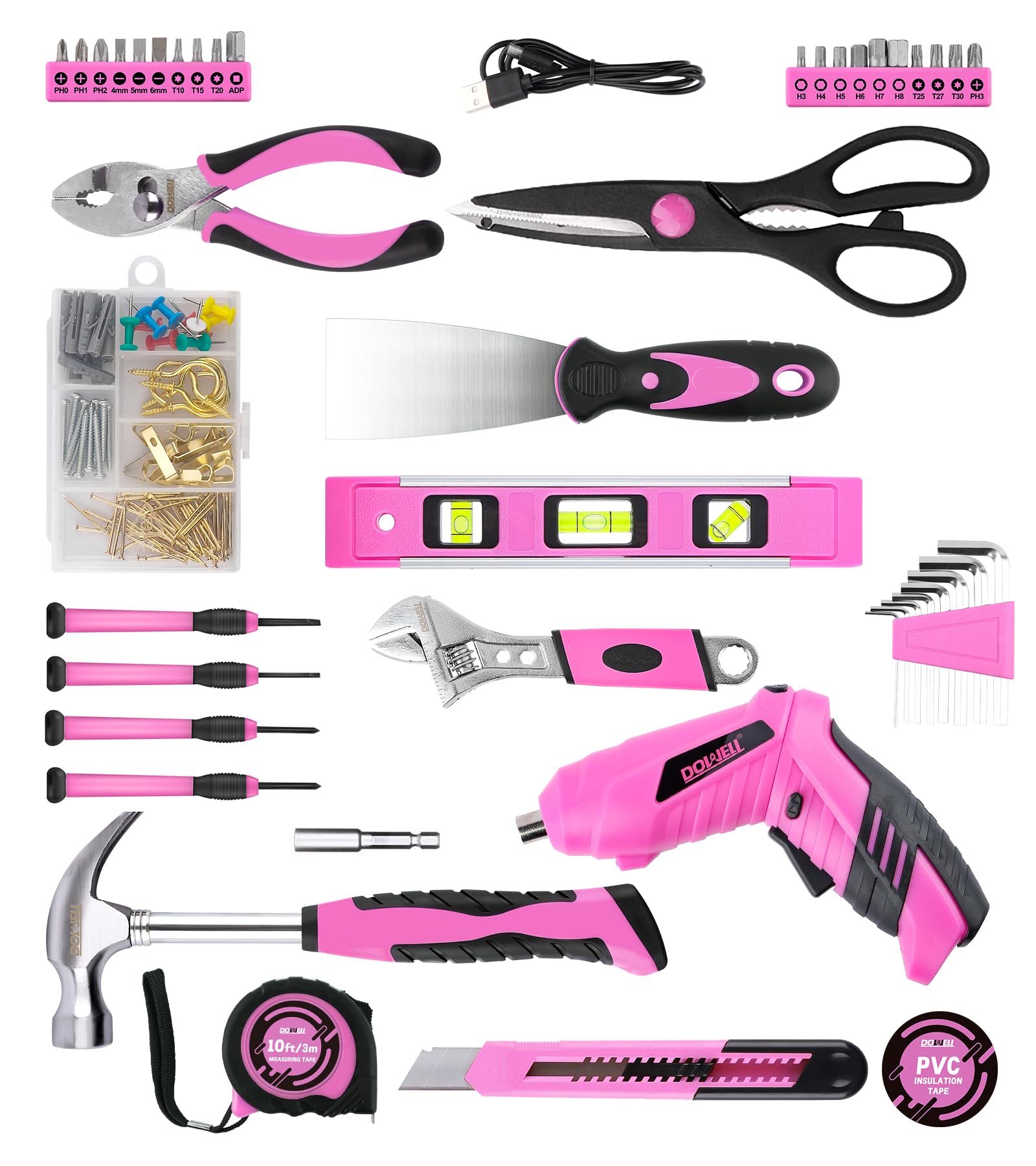 143 Pcs Pink Homeowner Tool Set with 3.6V Cordless Screwdriver General Household Hand Tool Kit with Plastic Tool box Storage Case for Women,Men