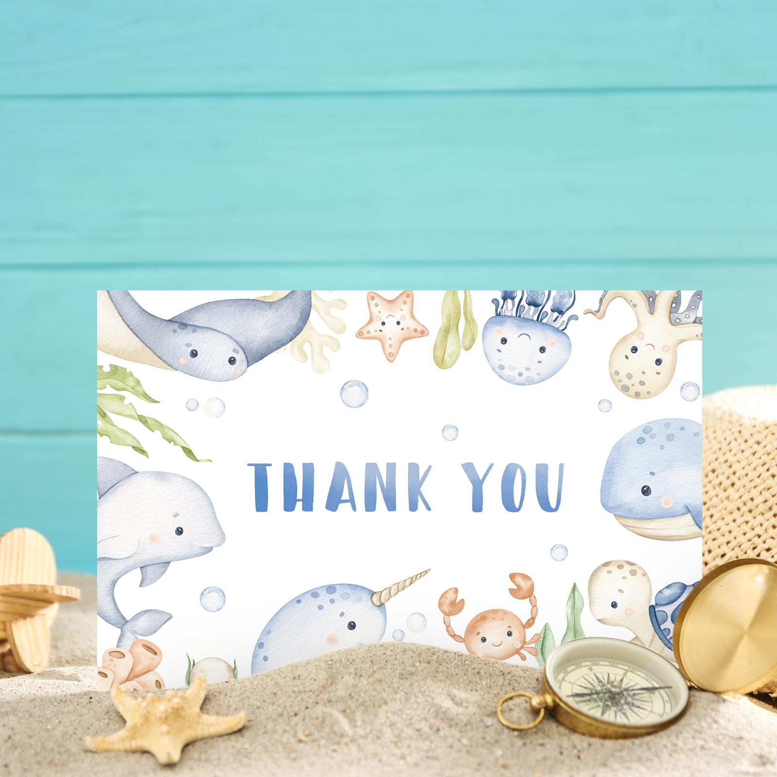 Whaline 24Pcs Under the Sea Thank You Cards Watercolor Marine Animals Theme Greeting Cards with Envelope Stickers Cartoon Blank Note Cards for Birthday Wedding Baby Shower, 4 x 6 Inch