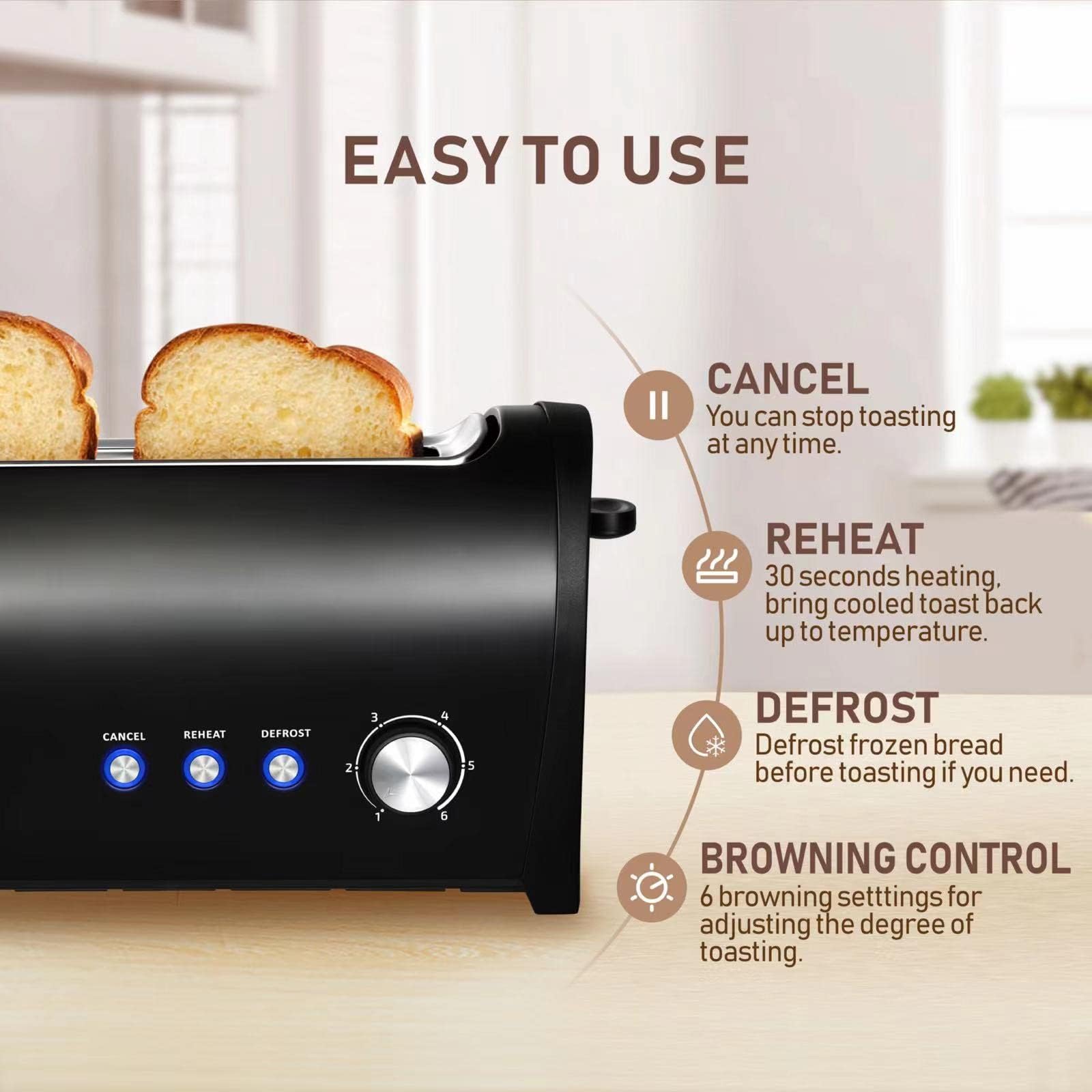 Long Slot Toaster 2 Slice,Cancel Reheat Defrost Functions,Removable Crumb Tray,6 Browning Settings,Extra Wide Long Slots,Stainless Steel,Black