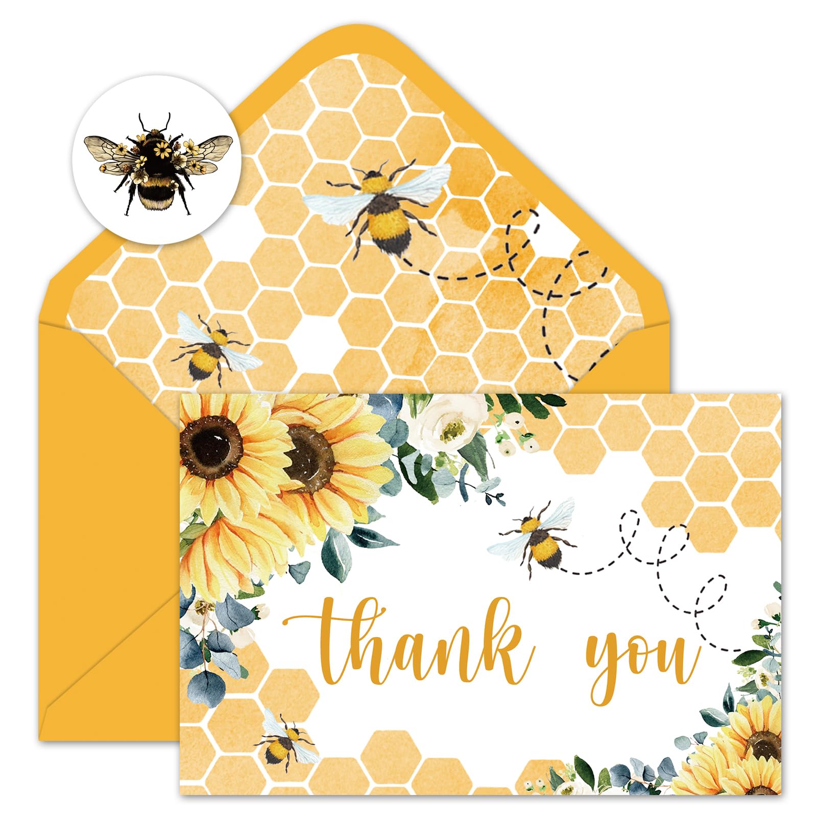 Whaline 24Pcs Sunflower Bee Thank You Cards Bulk Watercolor Summer Flower Greeting Cards with Envelope Stickers Blank Note Cards for Wedding Baby Shower Bridal Birthday Party, 4 x 6 Inch