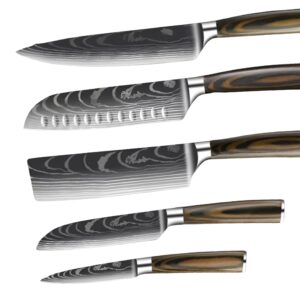 Damascus Kitchen Knives Set of 5 – Razor-Sharp Steel, Laser-Cut Damascus Pattern, Includes Chef Knife, Santoku, Nakari & Paring Knife for Precision Cutting in Home or Professional Kitchens