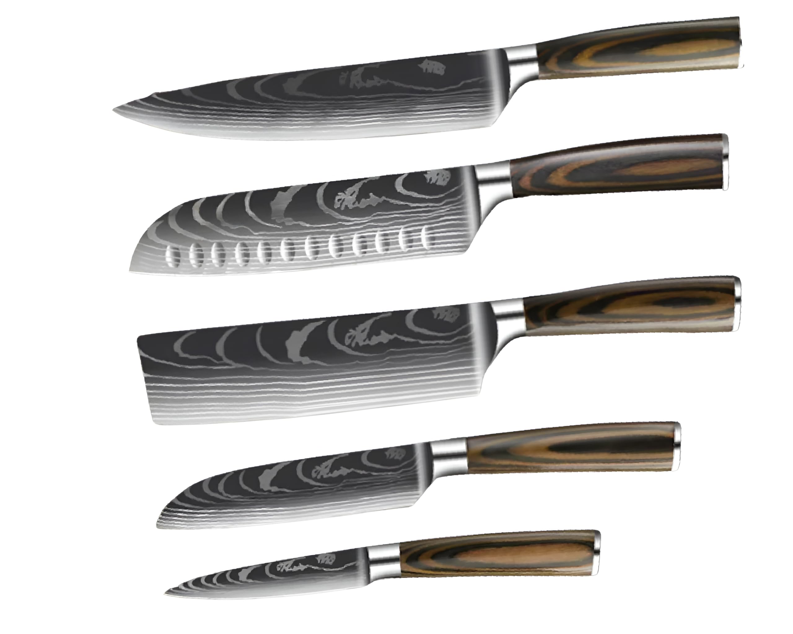 Damascus Kitchen Knives Set of 5 – Razor-Sharp Steel, Laser-Cut Damascus Pattern, Includes Chef Knife, Santoku, Nakari & Paring Knife for Precision Cutting in Home or Professional Kitchens