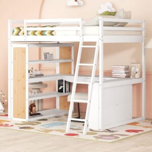 BIADNBZ Full Size Loft Bed with Desk, Shelves, Drawer and Ladder, Solid Wood Bedframe, for Kids Teens Adults Bedroom, White