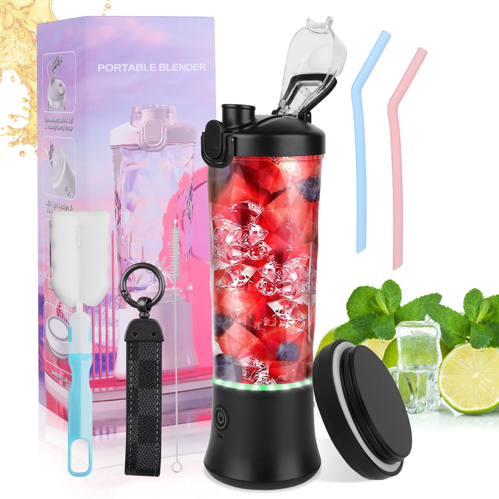 Portable Blender, 21Oz/600ML Mini Personal Juicer for Shakes and Smoothies, USB Rechargeable Juicer Mixer Blender With 6 Blades, Multi-Function Juice Cup for Home Office Gym Sports and Travel (Black)