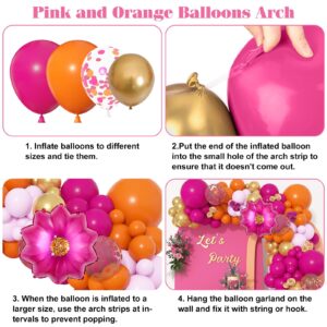 Ouddy Life 175Pcs Hot Pink and Orange Balloons Arch Garland Kit, Pink and Orange Party Decorations with Gold Balloons Foil Flowers for Women Wedding Bridal Tropical Bachelorette Birthday Decor