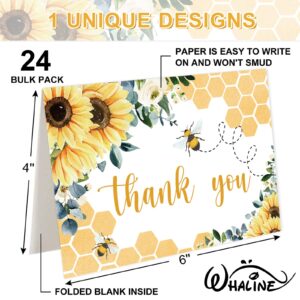 Whaline 24Pcs Sunflower Bee Thank You Cards Bulk Watercolor Summer Flower Greeting Cards with Envelope Stickers Blank Note Cards for Wedding Baby Shower Bridal Birthday Party, 4 x 6 Inch