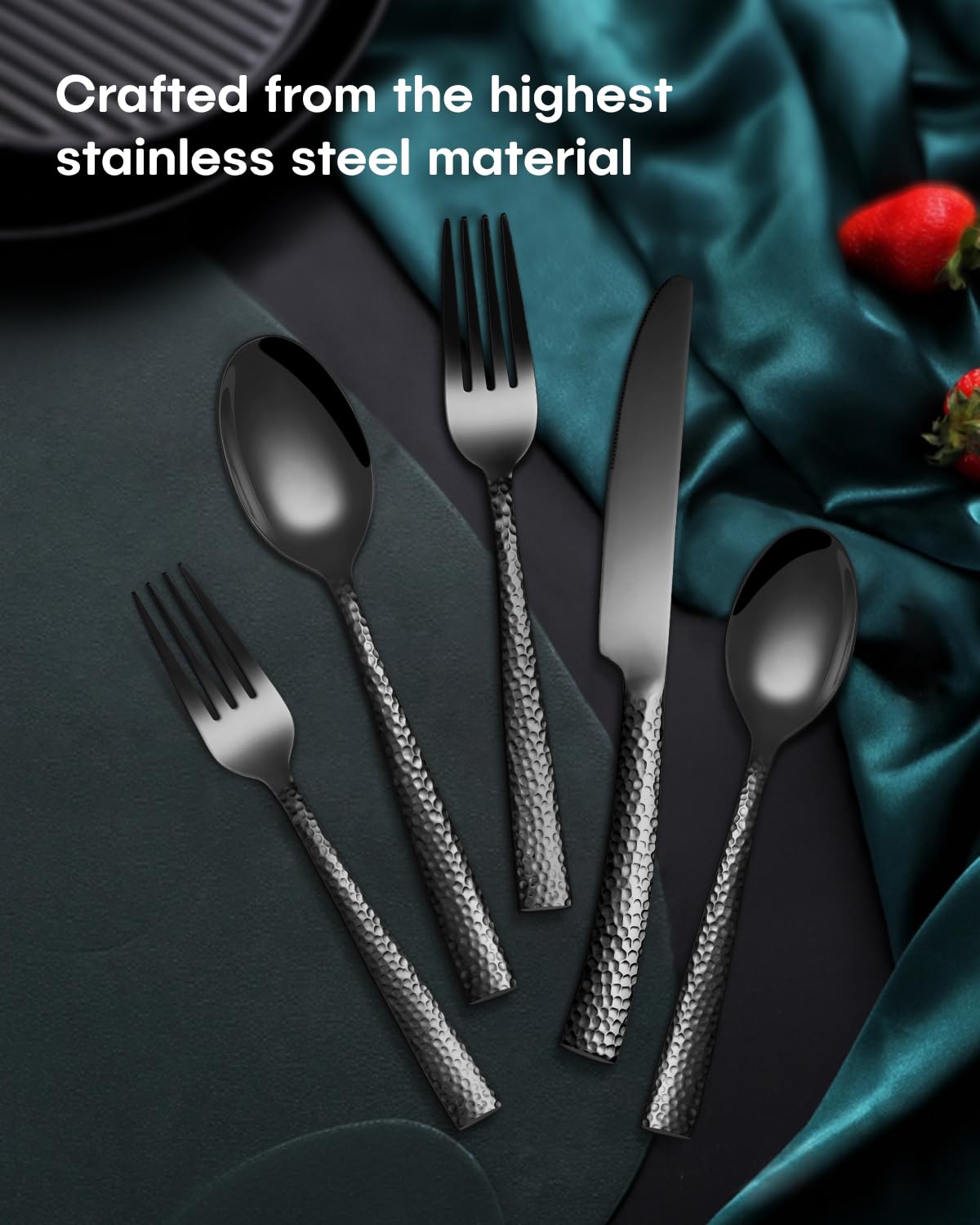 EUIRIO 48-Piece Black Hammered Silverware Set for 8, Stainless Steel Flatware Set with Steak Knives, Mirror Polished Tableware Cutlery Set, Include Forks Spoons and Knives Set, Dishwasher Safe