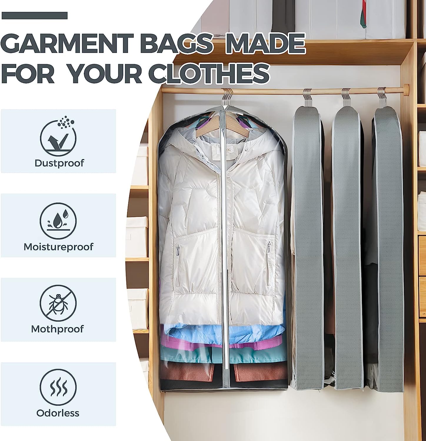 4 pack 40" Clear Garment Bags for Hanging Clothes, Suit Bags for Closet Storage, Clothing Storage, Garment Bags for Travel Covers with 4" Gussets for Coats, Shirts, Jackets, Sweater