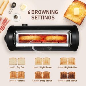 Long Slot Toaster 2 Slice,Cancel Reheat Defrost Functions,Removable Crumb Tray,6 Browning Settings,Extra Wide Long Slots,Stainless Steel,Black