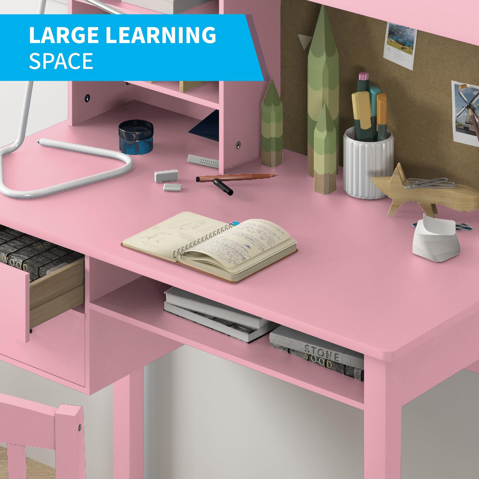 Mjkone Kids Table & Chair Set, Living and Learning Kids' Desk with Hutch and Chair Set, Children’s Desk with 2 Drawers for Storage, Students' Study Computer Workstation with Multiple Cubbies, Pink