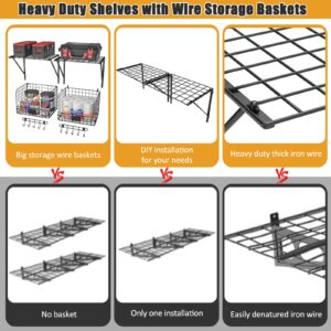 ThreeHio 2 Pack Garage Shelves Wall Mounted with Wire baskets, Heavy Duty Garage Wall Shelving with Hooks, Wire Shelf Baskets Tool Organizer for Home Garden Garage Organization and Storage