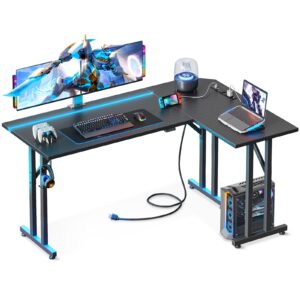 motpk l shaped gaming desk with led lights, 51 inch gaming computer desk with carbon fiber texture, pc gaming table with power outlet and headphone hook, l desk for gaming, black