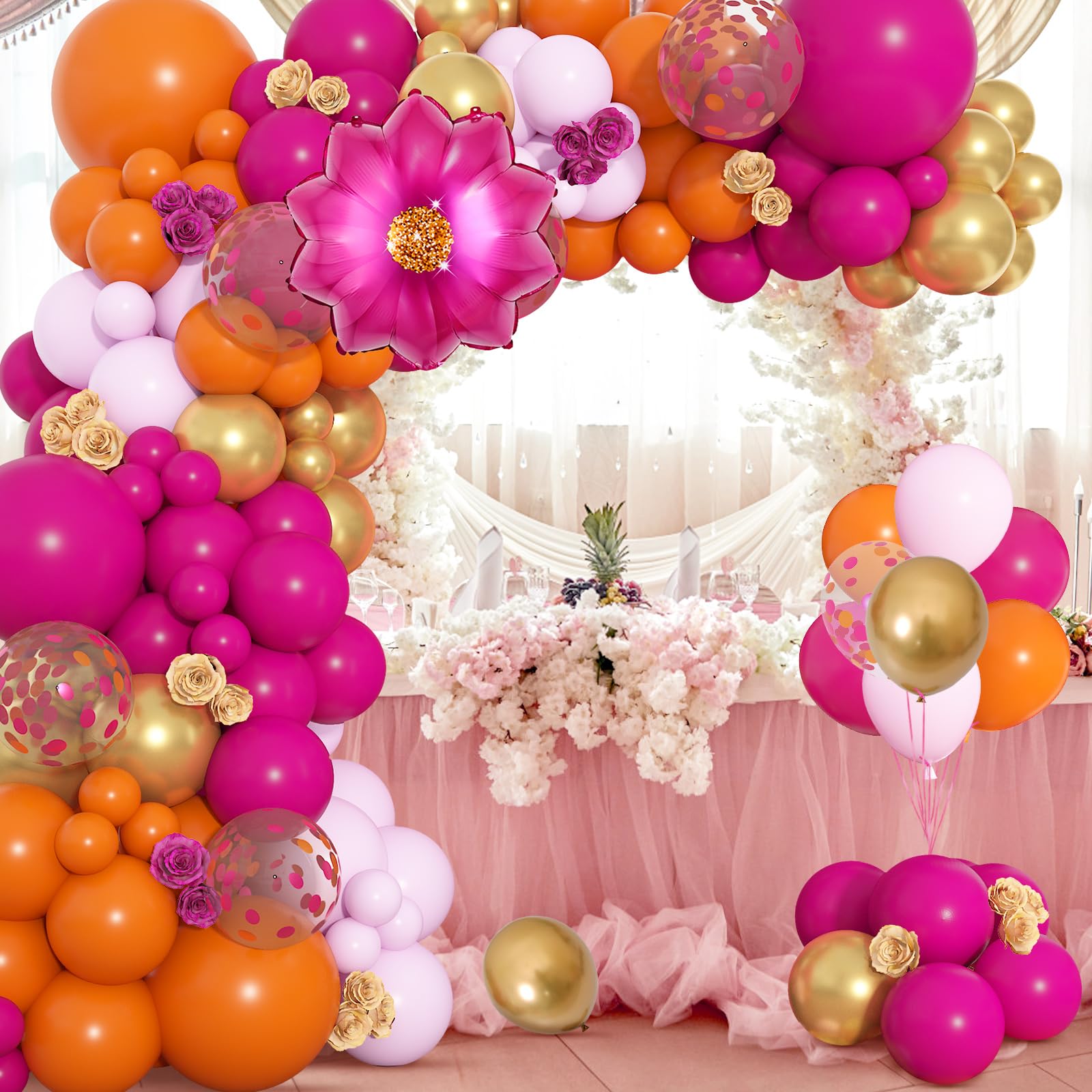 Ouddy Life 175Pcs Hot Pink and Orange Balloons Arch Garland Kit, Pink and Orange Party Decorations with Gold Balloons Foil Flowers for Women Wedding Bridal Tropical Bachelorette Birthday Decor