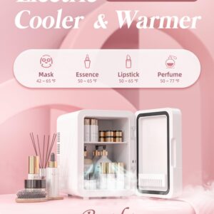 BOGDA Mini Skincare Fridge (4 Liter/6 Can) with Dimmable LED Light Mirror, Cooler and Warmer for Refrigerating Make Up, Skin Care and Food, Portable Mini Fridge for Bedroom, Office and Car, White