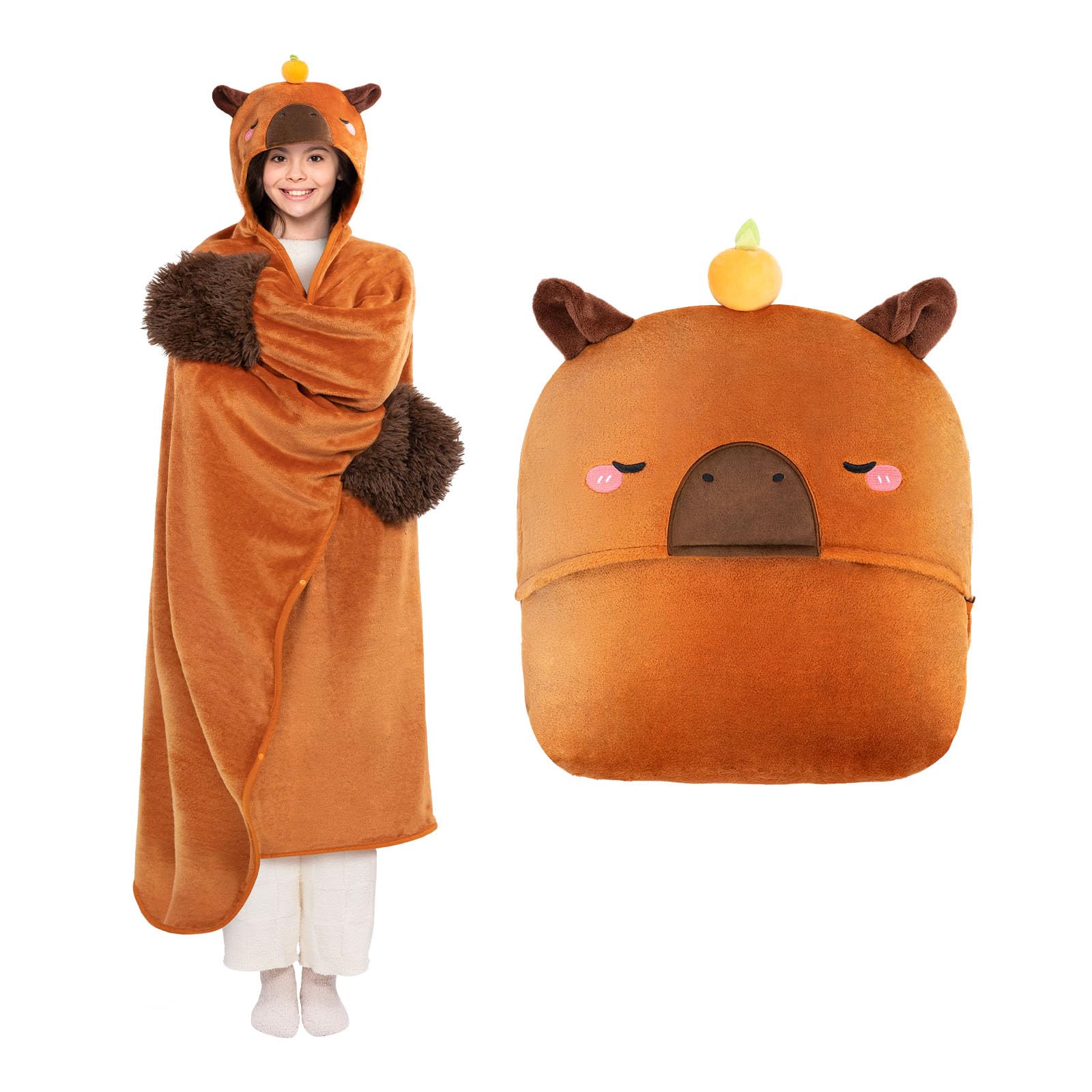 Mewaii Capybara Wearable Hooded Blanket Kids, Soft Flannel Throw Blanket Cloak Wrap, Oversize Capybara Costume Outfits, Cozy Warm Kids Animal Blanket Hoodie with Gloves, Kawaii Gift for Women Teen