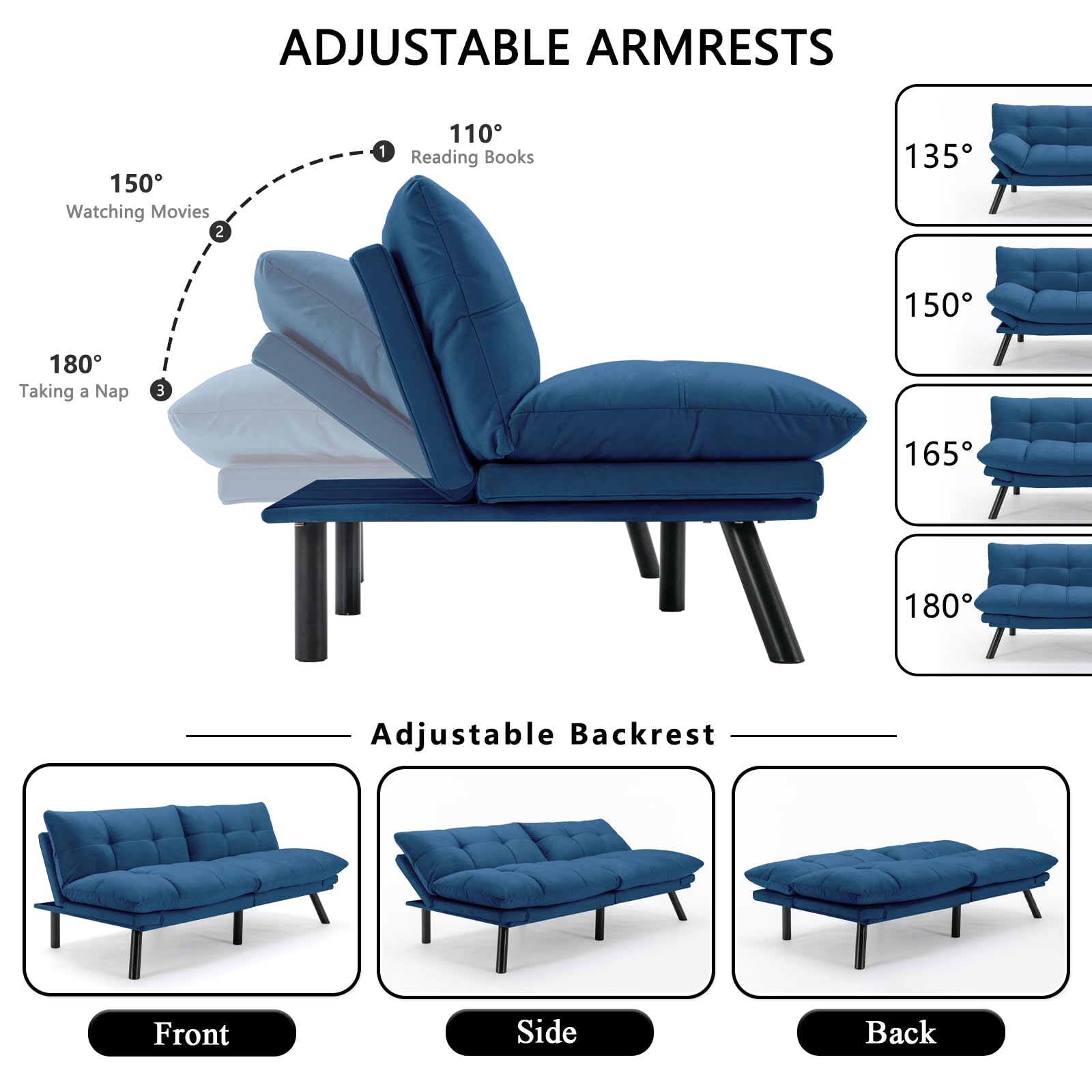 KINFFICT Convertible Futon Sofa Couch Bed, Modern Memory Foam Sleeper Loveseat Sofa with Adjustable Armrests & Backrests, Comfy Love Seat for Living Room, Bedroom, Office, Apartment, Small Space