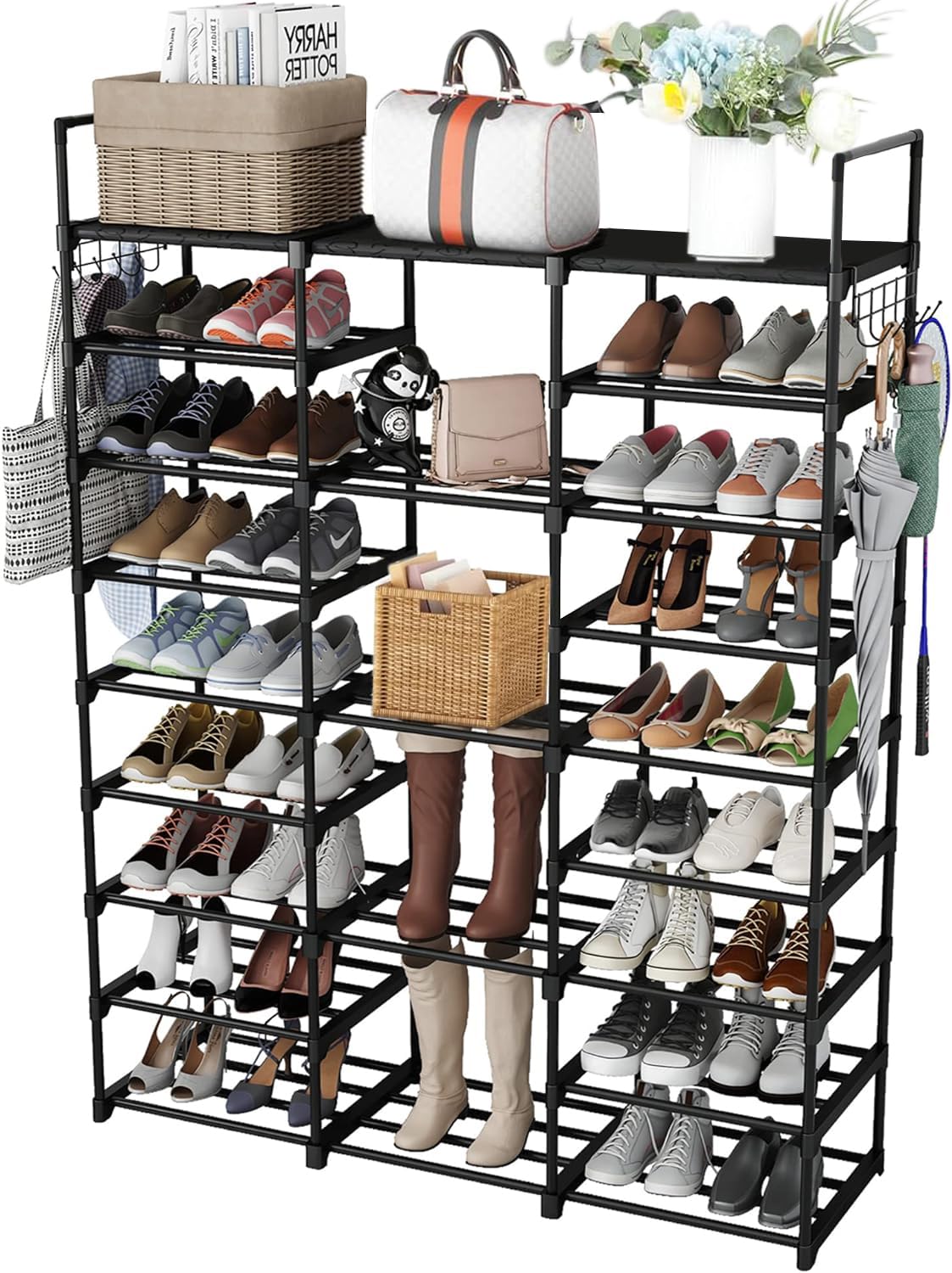 Piggy-G 9 Tiers Shoes Rack for Entryway, Shoe Organizer with Hook Rack, Shoe Storage Shelf Organizer Stackable Long Shoe Shelf for Hallway Entryway, Closet, Garage, Bedroom, Cloakroom