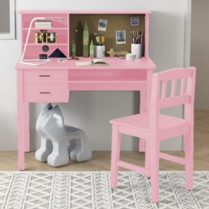 mjkone kids table & chair set, living and learning kids' desk with hutch and chair set, children’s desk with 2 drawers for storage, students' study computer workstation with multiple cubbies, pink