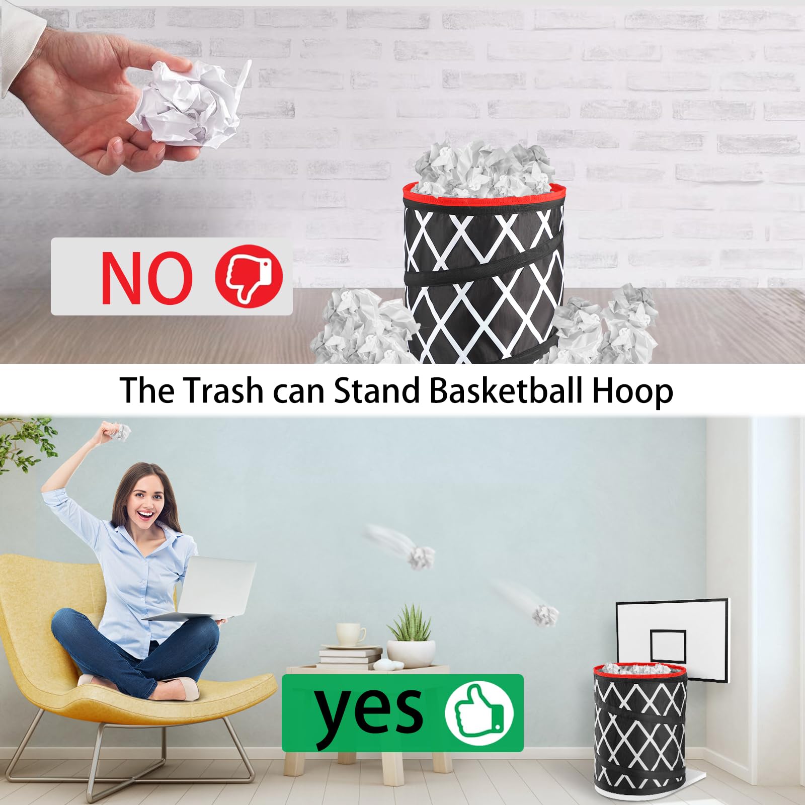 Trash Can Basketball Hoop,Basketball Trash Can,Waste Basket,Basketball Gift,Basketball Trash Can Holder for Home,Bedroom,Office,Gym,Including 1pc Pop Up Garbage Can,Size 9.8" X 11.8",Wood Backboard