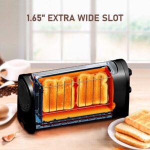 Long Slot Toaster 2 Slice,Cancel Reheat Defrost Functions,Removable Crumb Tray,6 Browning Settings,Extra Wide Long Slots,Stainless Steel,Black