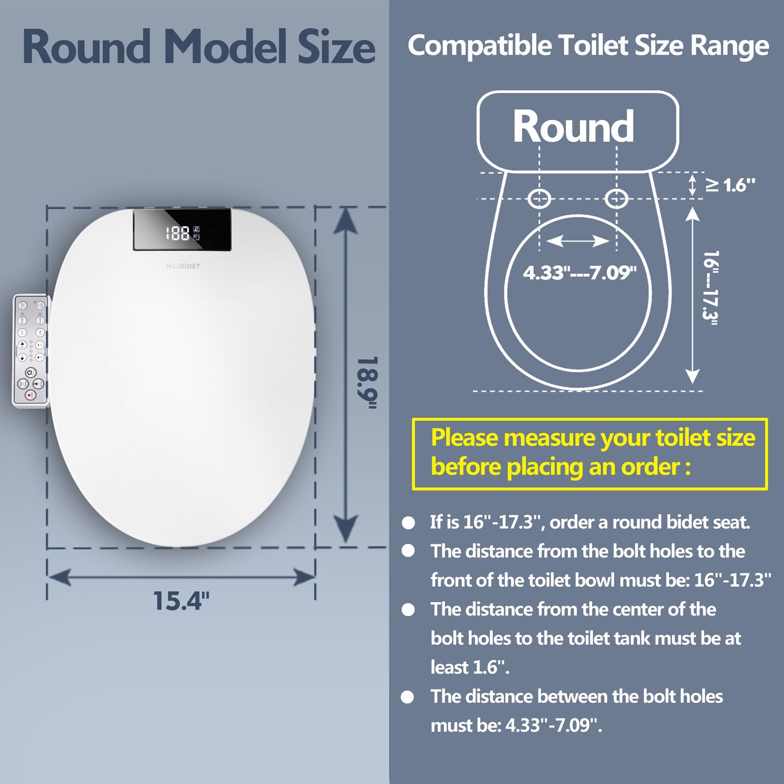 WLJBIDET Bidet Toilet Seat Round, Electronic Heated Toilet Seat with Warm Water Rear and Front Wash, Adjustable Warm Air Dryer, Self-Cleaning Stainless Steel Nozzle, Slow Closed Toilet Seat