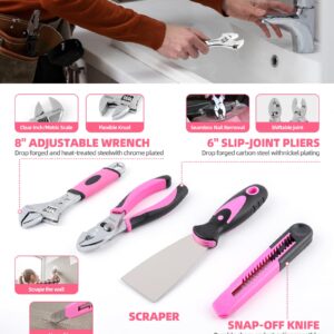 143 Pcs Pink Homeowner Tool Set with 3.6V Cordless Screwdriver General Household Hand Tool Kit with Plastic Tool box Storage Case for Women,Men