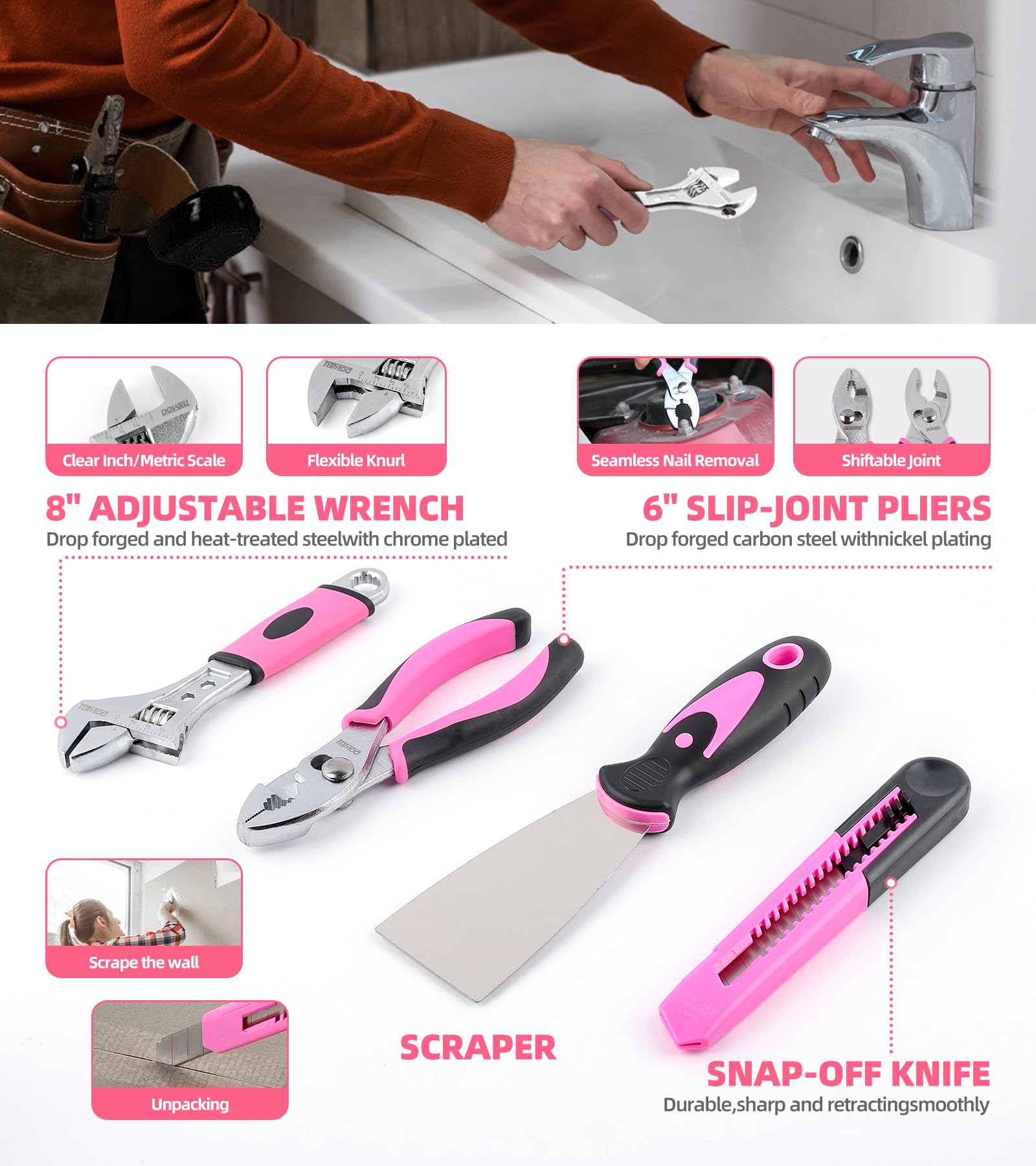 143 Pcs Pink Homeowner Tool Set with 3.6V Cordless Screwdriver General Household Hand Tool Kit with Plastic Tool box Storage Case for Women,Men