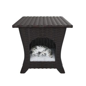 Gardenbee Patio End Table, Wicker Side Table and Cat Bed with A Cushion for Cats, Hand-Woven PE Wicker and Thick Cushion