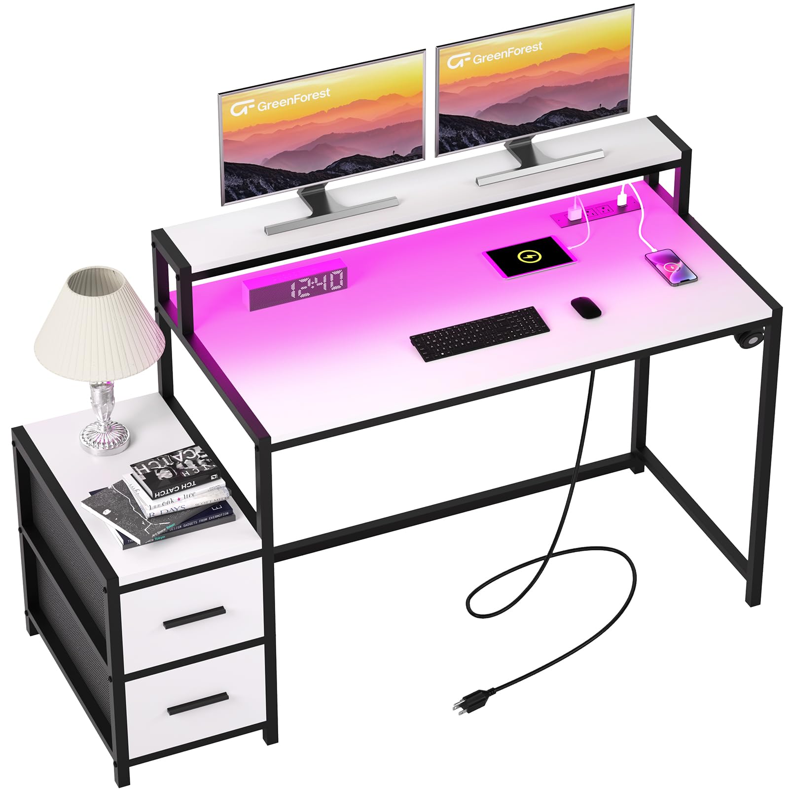 GreenForest Small Desk for Bedroom, 39.4 inch Computer Desk with 2 Drawers, Gaming Desk with LED Light and Power Outlet, Reversible Office Desk with Monitor Stand, Desk for Small Spaces, White