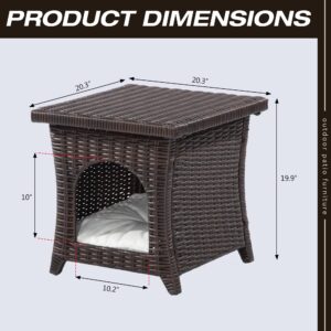 Gardenbee Patio End Table, Wicker Side Table and Cat Bed with A Cushion for Cats, Hand-Woven PE Wicker and Thick Cushion