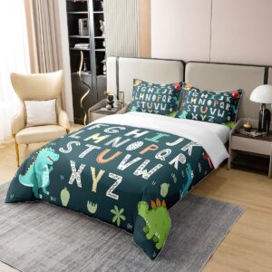 Alphabet Kids ABC Learning 100% Cotton Duvet Cover Full Size, Cartoon Dino Comforter Cover Kids Educational Nursery Art Bedding Set for Boys Girls Jungle Dino Bedspread Cover 3Pcs with 2 Pillow Case