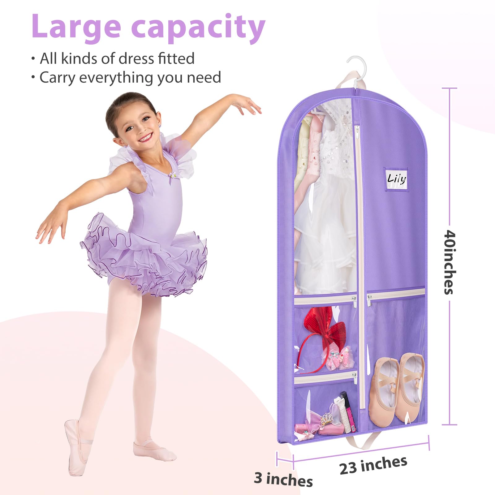 MISSLO Dance Garment Bags for Dancers 40" Hanging Dance Costume Garment Bag Kids Garment Bags with 3 Zippered Pockets Storage for Girls Competition, Travel, 3 Packs, Purple