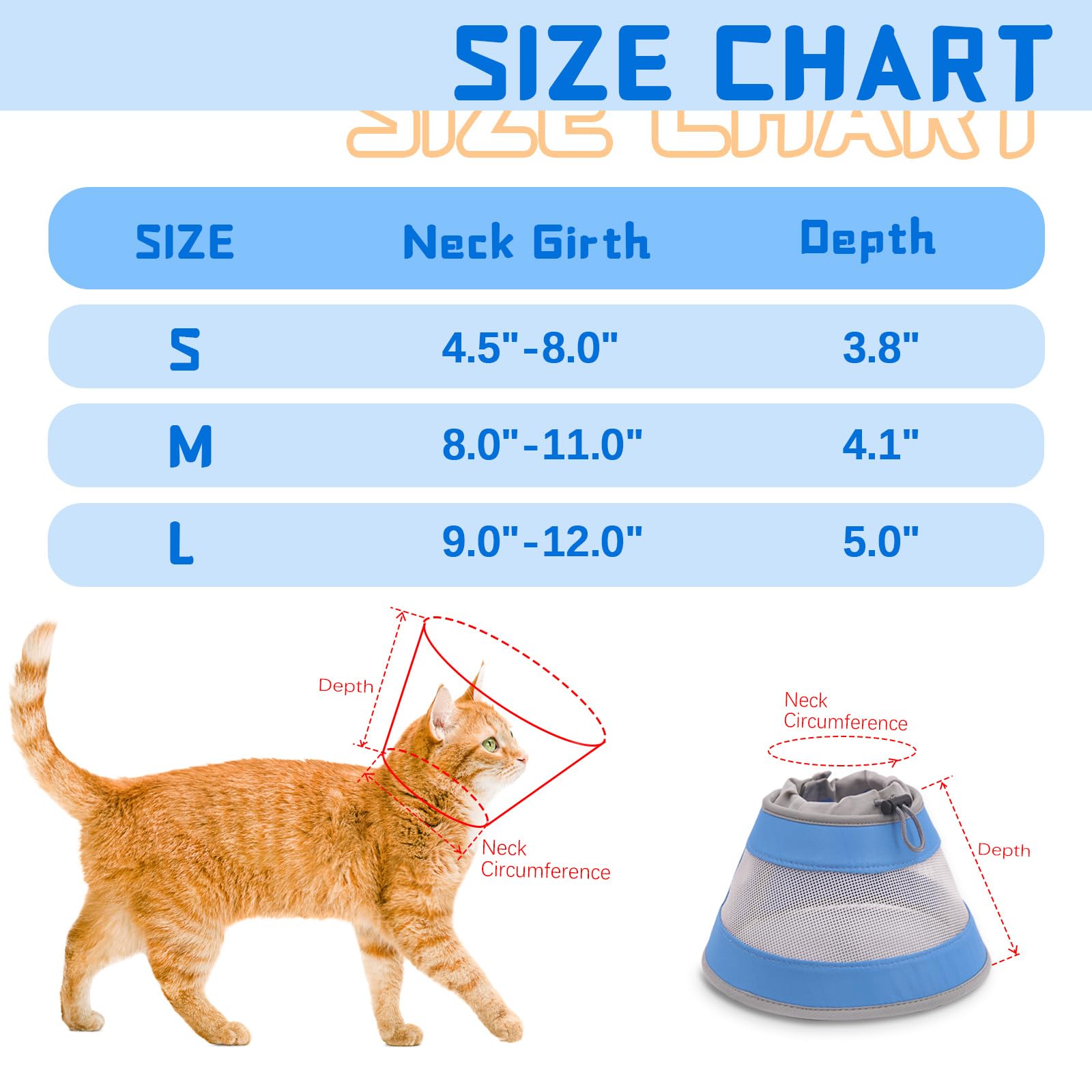 GoGoPaw Cat Cone, Breathable Cat Cone Collar Soft, Adjustable Cat Cone to Stop Licking, Water Resistant Neck Cone for Cats with Air Mesh, Protective Cat Recovery E Collar for Cat Kitten（Blue,S-2