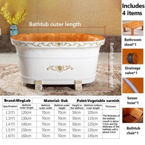 MegLob Free Standing Thickened Solid Wood Bathtub, Oval Soaker Tub, Classic Hand-Carved All-Wood Deep Soaker, White Wooden Freestanding Bathtub with Inner Chair & Pop-Up Drain,160cm/62.99"