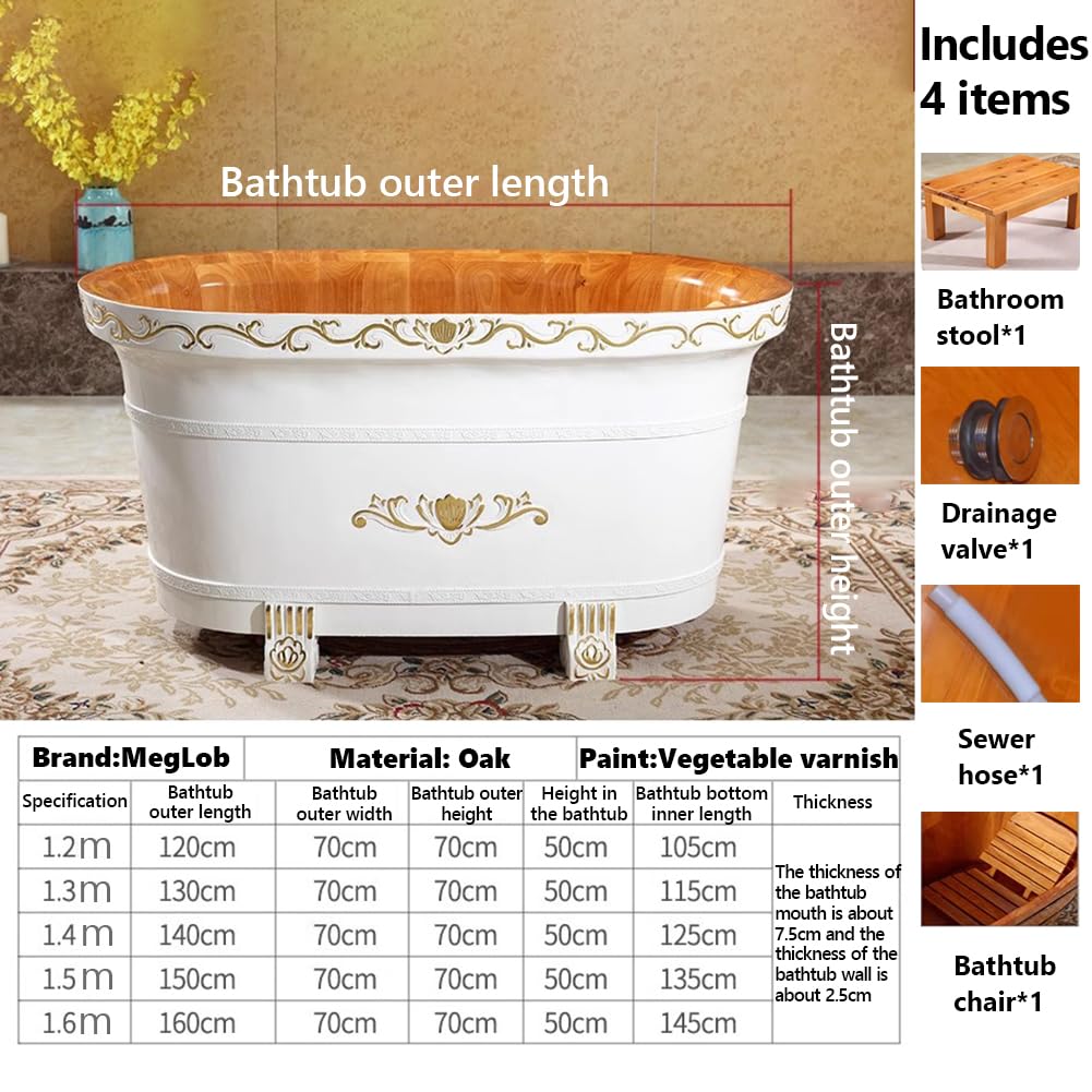 MegLob Free Standing Thickened Solid Wood Bathtub, Oval Soaker Tub, Classic Hand-Carved All-Wood Deep Soaker, White Wooden Freestanding Bathtub with Inner Chair & Pop-Up Drain,160cm/62.99"