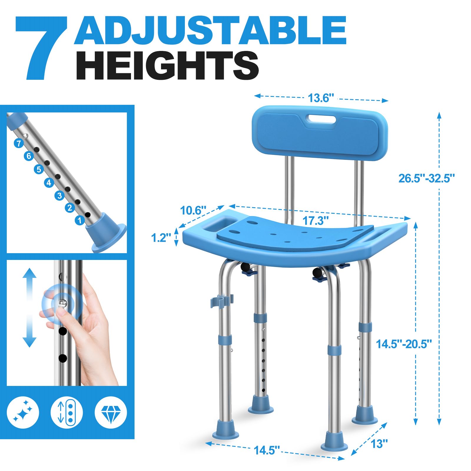 Medhelp Shower Chair with Back for Inside Shower, FSA/HSA Eligible Heavy Duty 380lbs Stainless Steel Adjustable Shower Stool, Tool Free & Anti Slip Padded Bath Seat for Elderly, Handicap & Disabled