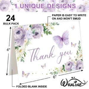 Whaline 24Pcs Floral Butterfly Thank You Cards Purple Flower Greeting Cards with Envelope Stickers Spring Watercolor Blank Note Cards for Birthday Wedding Baby Shower Bridal Shower, 4 x 6 Inch